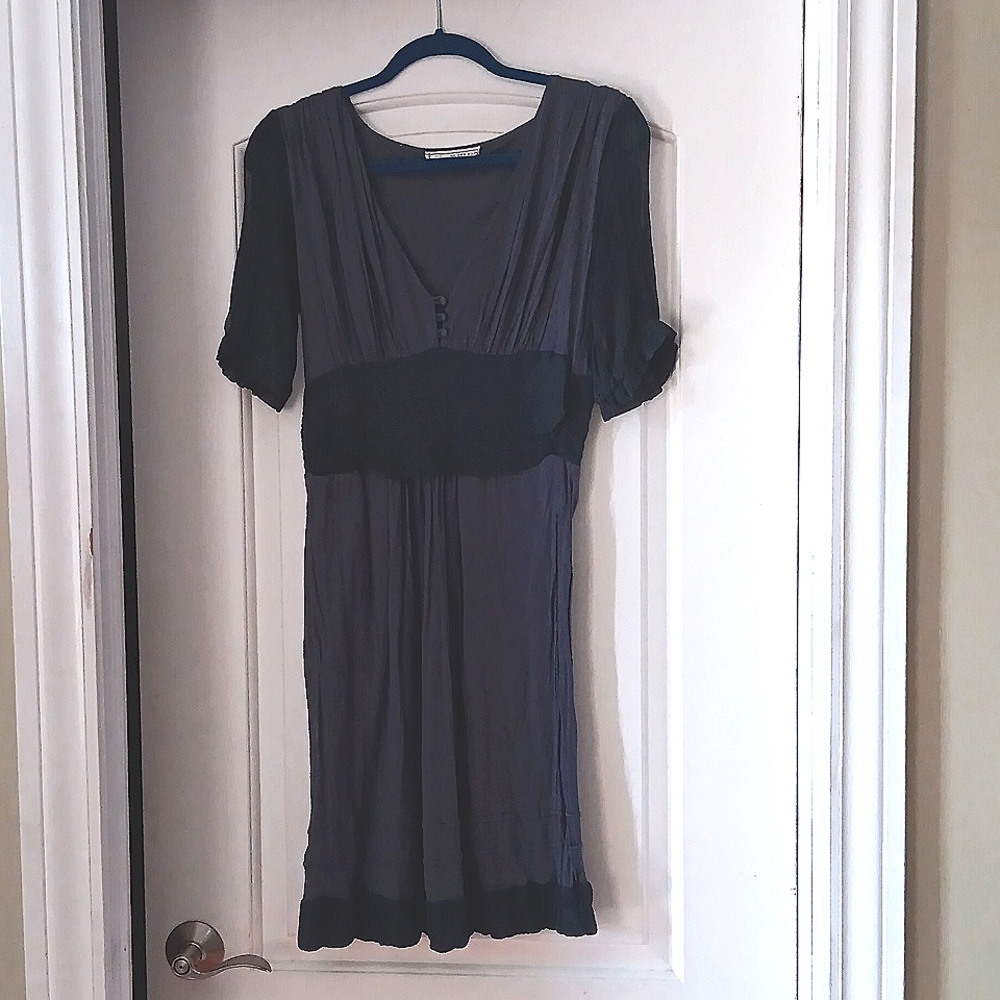 Blueish gray dress with sheer sleeves. Very comfortable